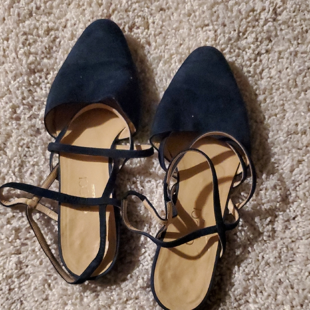 Black Flats with Ankle Straps and Textured Fabric
